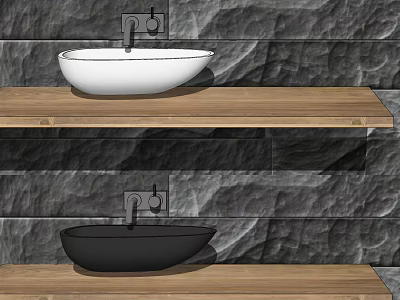 White and Black Washbasins on Wooden Shelves Against Stone Wall Backdrop 3d model