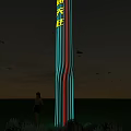 Spiritual Fortress Tall Striped Pillar With Yellow Logo And Person In Blue Sky Green Grass