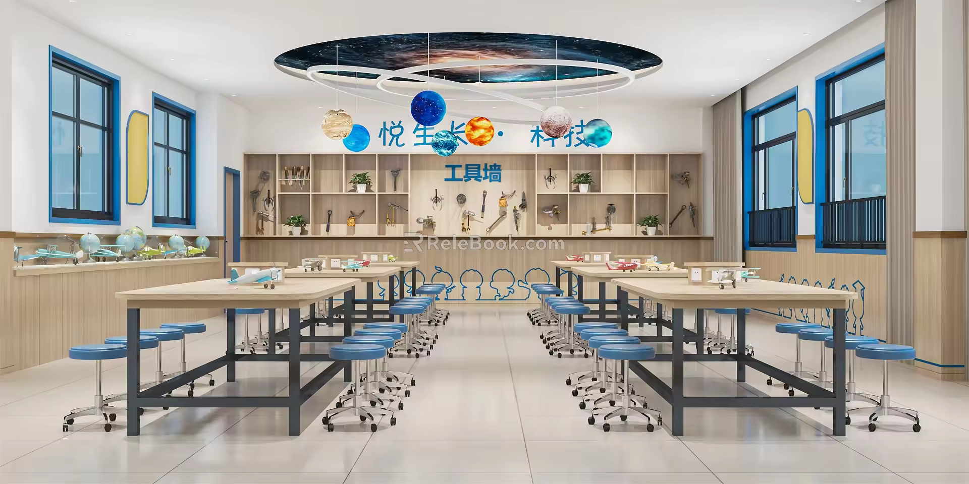 Modern classroom manual classroom manual workshop display rack tool wall table and chair combination 3d model