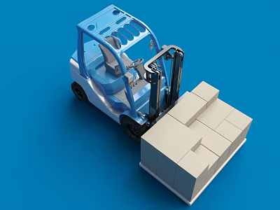 Blue Industrial Forklift Efficiently Lifting Stacked Cardboard Boxes In Warehouse Setting 3d model