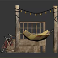 Outdoor Leisure Setup With Red Bicycle Wooden Steps Hammock Posts And Table