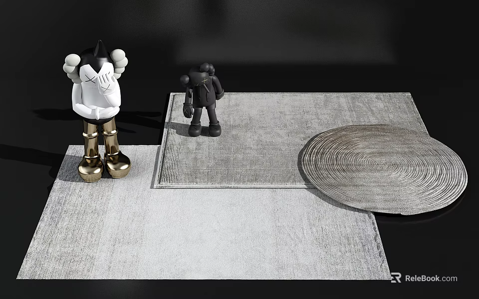 Square Rug Gray Textured Design With Decorative Figurines On Dark Surface 3d model