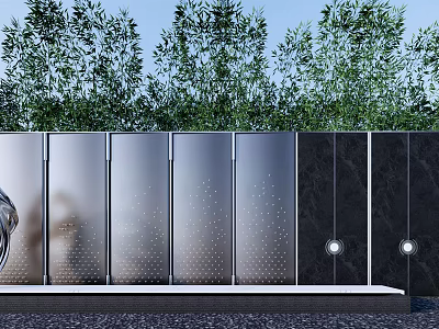 Modern Scenic Feature Wall With Glass Panels Perforated Patterns Green Trees And Lighting 3d model