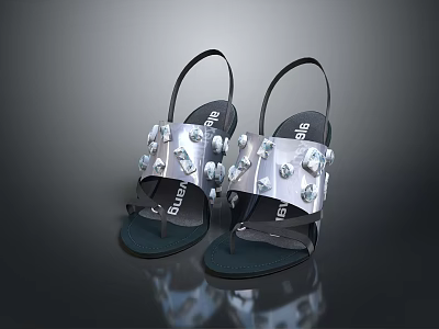 BATA Silver Black Studded Rhinestone Flat Open Toe Sandals For Summer Fashion 3d model