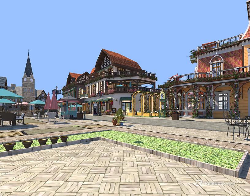 Scenic Commercial Street With European Style Buildings Outdoor Cafes And Greenery 3d model 