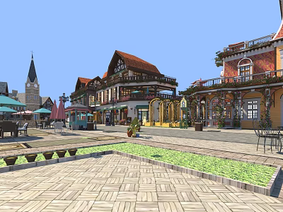 Scenic Commercial Street With European Style Buildings Outdoor Cafes And Greenery 3d model