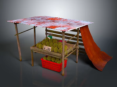 Wooden Fruit Stall With Red And White Patterned Roof Green Fruits Red Basket And Slide 3d model