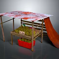 Wooden Fruit Stall With Red And White Patterned Roof Green Fruits Red Basket And Slide