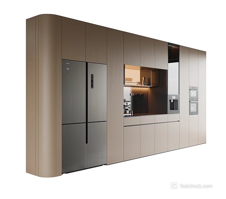 Modern Kitchen Sideboard With Built-in Cabinets Stainless Steel Refrigerator And Integrated Appliances 3d model 