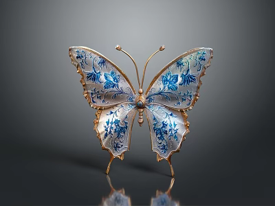 Decorative Butterfly Ornament With Blue And White Patterns And Gold Edges On Stand 3d model