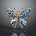 Decorative Butterfly Ornament With Blue And White Patterns And Gold Edges On Stand