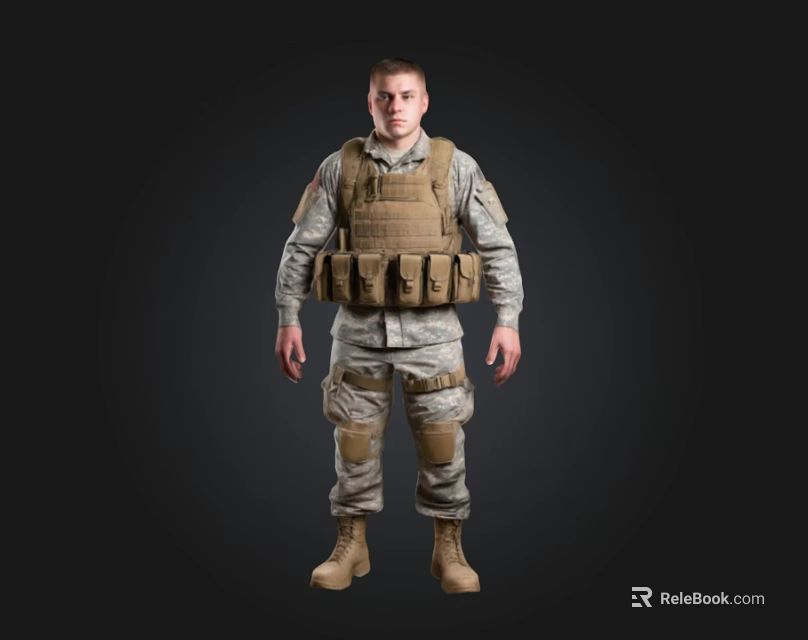 Man Wearing Military Uniform And Tactical Vest Standing On Black Background 3d model 