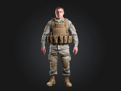 Man Wearing Military Uniform And Tactical Vest Standing On Black Background 3d model