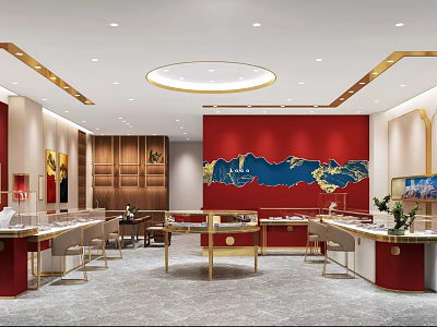 Elegant Luxury Jewelry Store Interior With Gold Display Cases And Red Decorative Walls 3d model