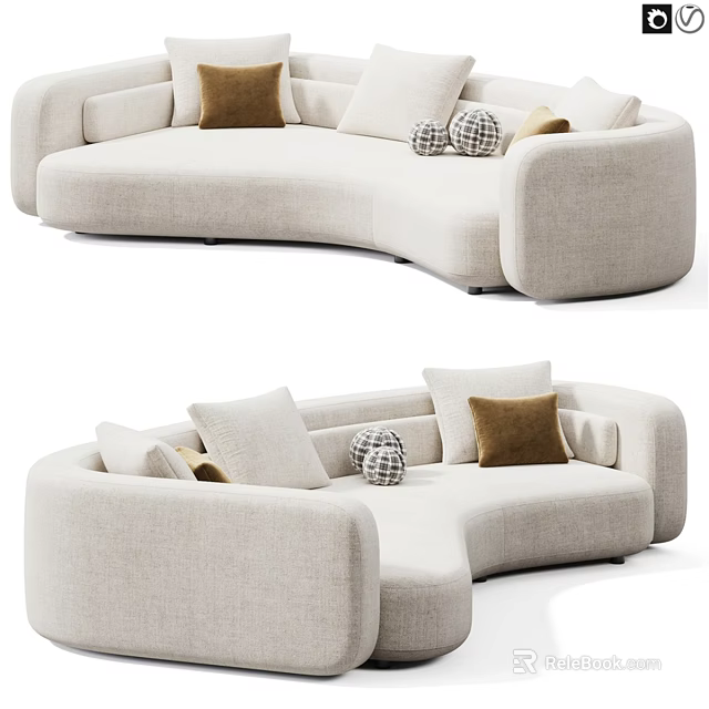 Beige Curved Sectional Sofa With Brown White Pillows And Woven Ball Decor 3d model 