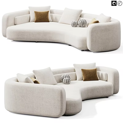 Beige Curved Sectional Sofa With Brown White Pillows And Woven Ball Decor 3d model