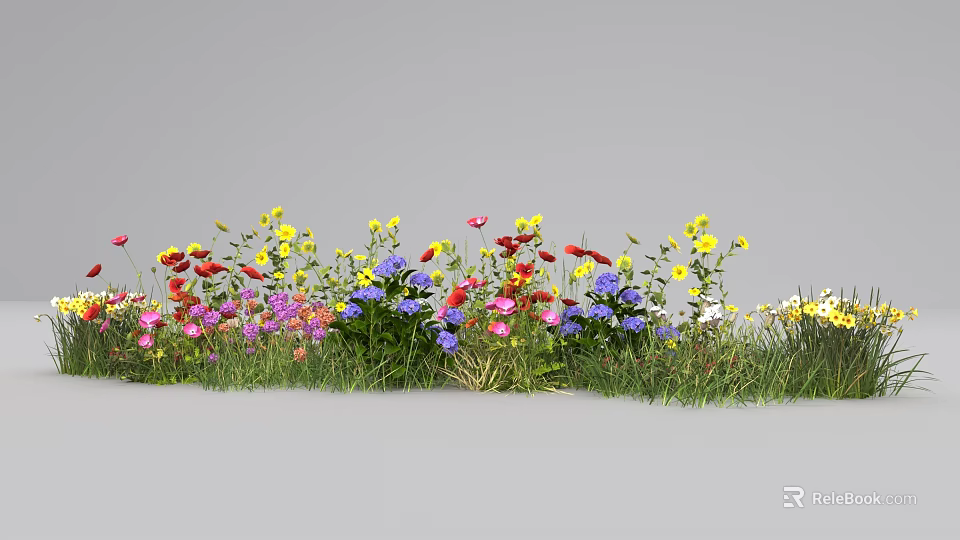 Colorful Flowers Growing On Green Grass With Vibrant Red Yellow Purple And Pink Blooms 3d model 