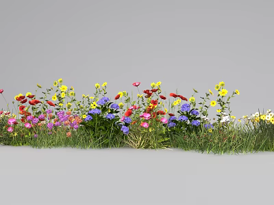 Colorful Flowers Growing On Green Grass With Vibrant Red Yellow Purple And Pink Blooms 3d model