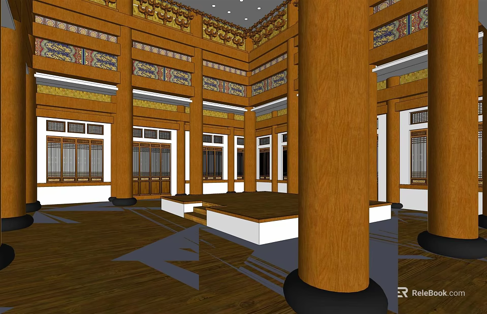 Ancient Building Interior With Wooden Pillars Intricate Carvings And Traditional Windows 3d model 