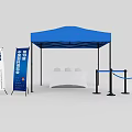 Blue Canopy Tent Setup With White Table Chairs Blue Banners And Stanchion Rope