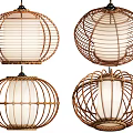 Set of Four Natural Woven Rattan Round Chandeliers With White Lampshades