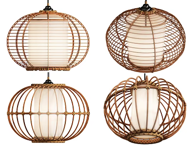 Set of Four Natural Woven Rattan Round Chandeliers With White Lampshades 3d model