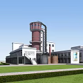 Industrial Factory Building With Red Tower Structure White Buildings Green Lawn And Blue Sky