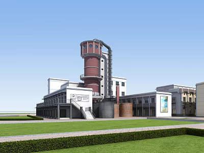 Industrial Factory Building With Red Tower Structure White Buildings Green Lawn And Blue Sky 3d model