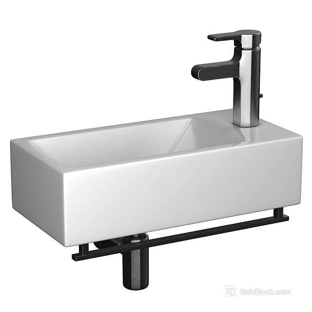 White Rectangular Washbasin with Chrome Faucet on Black Metal Stand Modern Bathroom Sink Design 3d model 