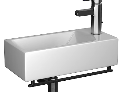 White Rectangular Washbasin with Chrome Faucet on Black Metal Stand Modern Bathroom Sink Design 3d model