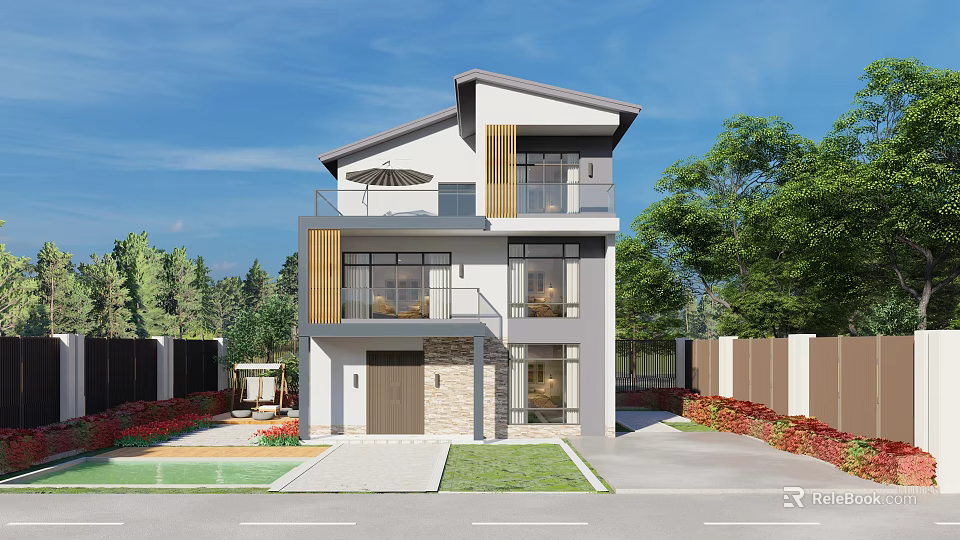 Modern Two Story Detached Villa Exterior with Balcony Greenery and Floor to Ceiling Windows 3d model 
