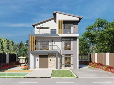 Modern Two Story Detached Villa Exterior with Balcony Greenery and Floor to Ceiling Windows 3d model