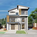 Modern Two Story Detached Villa Exterior with Balcony Greenery and Floor to Ceiling Windows
