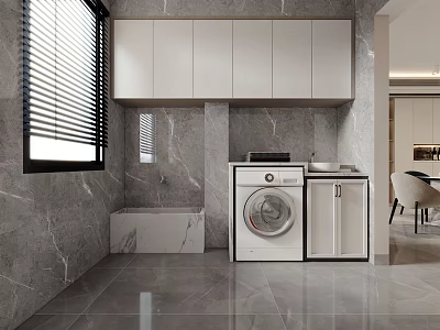 Modern Bathroom Cabinet With White Cabinets And Gray Marble Wall Featuring Washing Machine And Blinds 3d model
