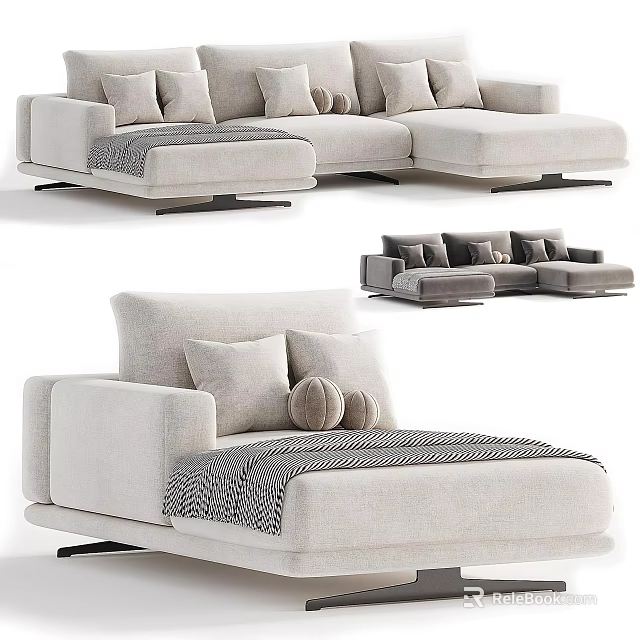 Modern Light Colored Sectional Sofa With Plush Pillows And Cozy Throw Blanket 3d model 