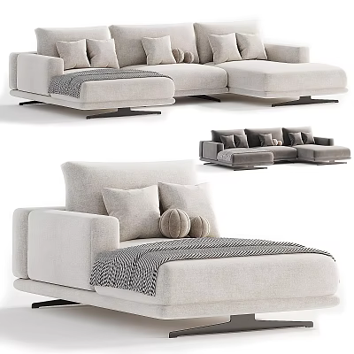 Modern Light Colored Sectional Sofa With Plush Pillows And Cozy Throw Blanket 3d model