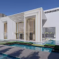 Modern White Sales Office Building Featuring Glass Facade Skylights Water Pools And Green Plants