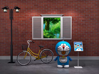 Doraemon Character Figure With Red Brick Wall Street Lamp Yellow Bicycle Display Board Poster 3d model