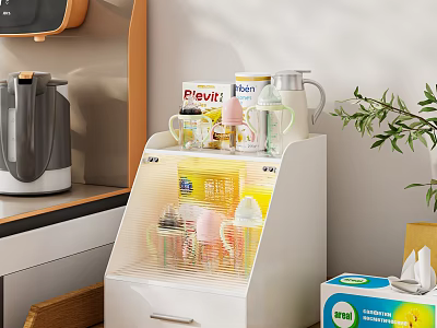 White Kitchen Storage Shelf With Baby Bottles Cups And Green Plant 3d model