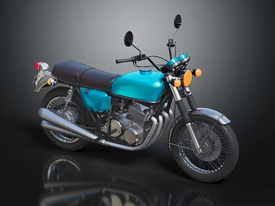 Vintage Teal Motorcycle with Black Leather Seat Chrome Exhaust Round Headlights and Rearview Mirrors 3d model