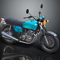 Vintage Teal Motorcycle with Black Leather Seat Chrome Exhaust Round Headlights and Rearview Mirrors