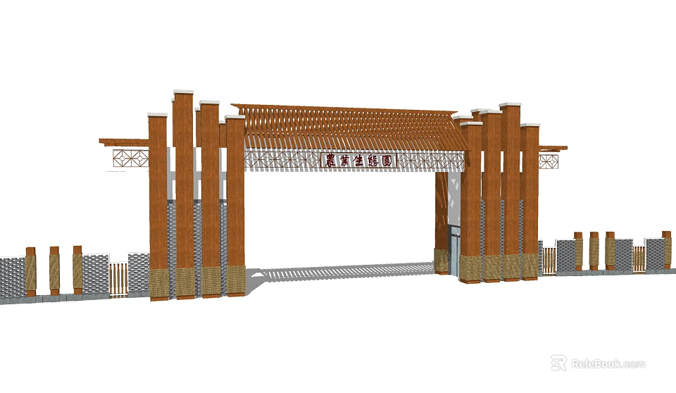 Traditional Chinese Entrance Gate With Wooden Pillars Carved Patterns And Eave Design 3d model 