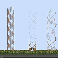 Modern Landscape Columns With Spiral Structure Metallic Look Against Blue Sky And Green Base Plants
