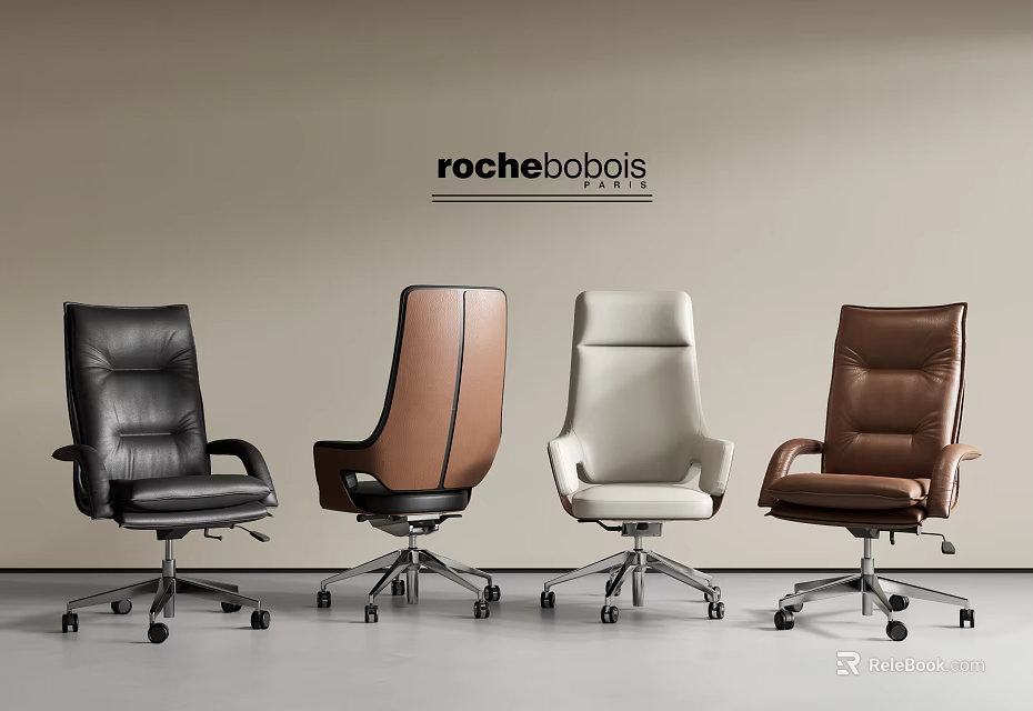 Rochebobois Modern Leather Office Chairs With Black Brown Beige Colors And Rolling Wheels 3d model 