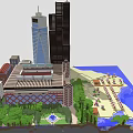 Cartoon Scenery With Various Buildings Sandy Beach Blue Water And Green Plants