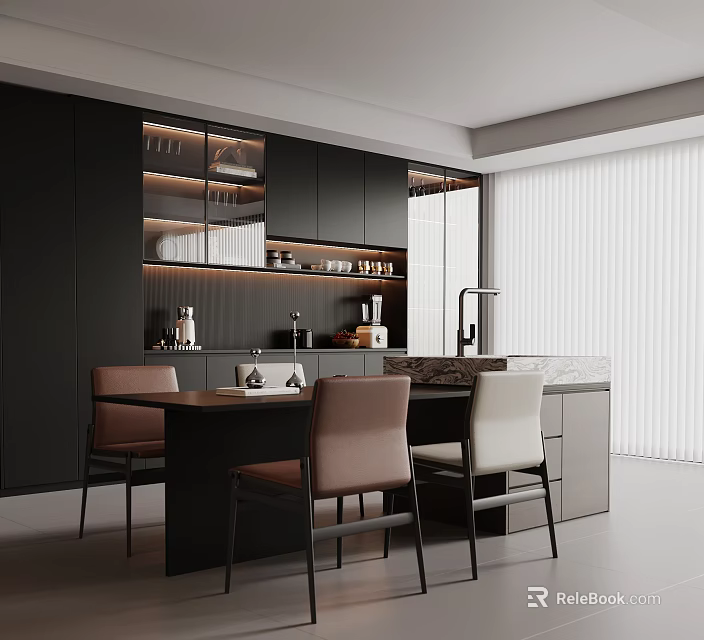 Modern Restaurant Interior With Black Cabinets Dining Table Chairs And Marble Countertop 3d model 