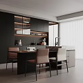 Modern Restaurant Interior With Black Cabinets Dining Table Chairs And Marble Countertop