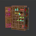 Wooden Wine Cabinet With Multiple Shelves And Assorted Wine Bottles And Glasses