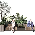 Outdoor Garden Bench With Lush Green Plants Trees And Two People Sitting