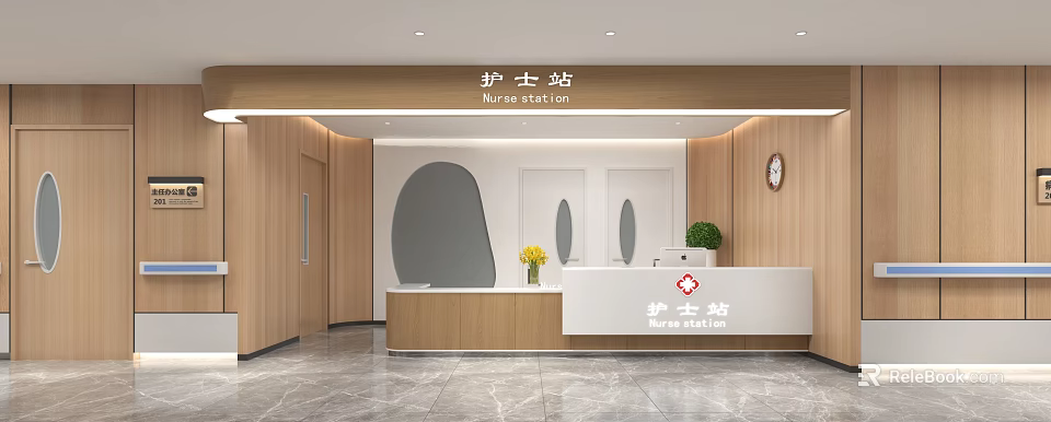 Modern Hospital Outpatient Nurse Station with Wooden Walls Reception Desk Green Plant and Clock 3d model 